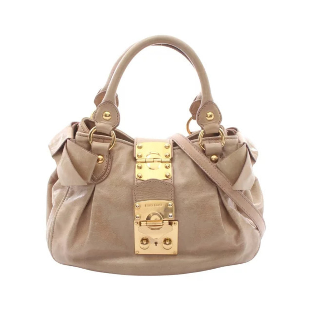 Miu Miu Side Ribbon Handbag Leather Beige Cream